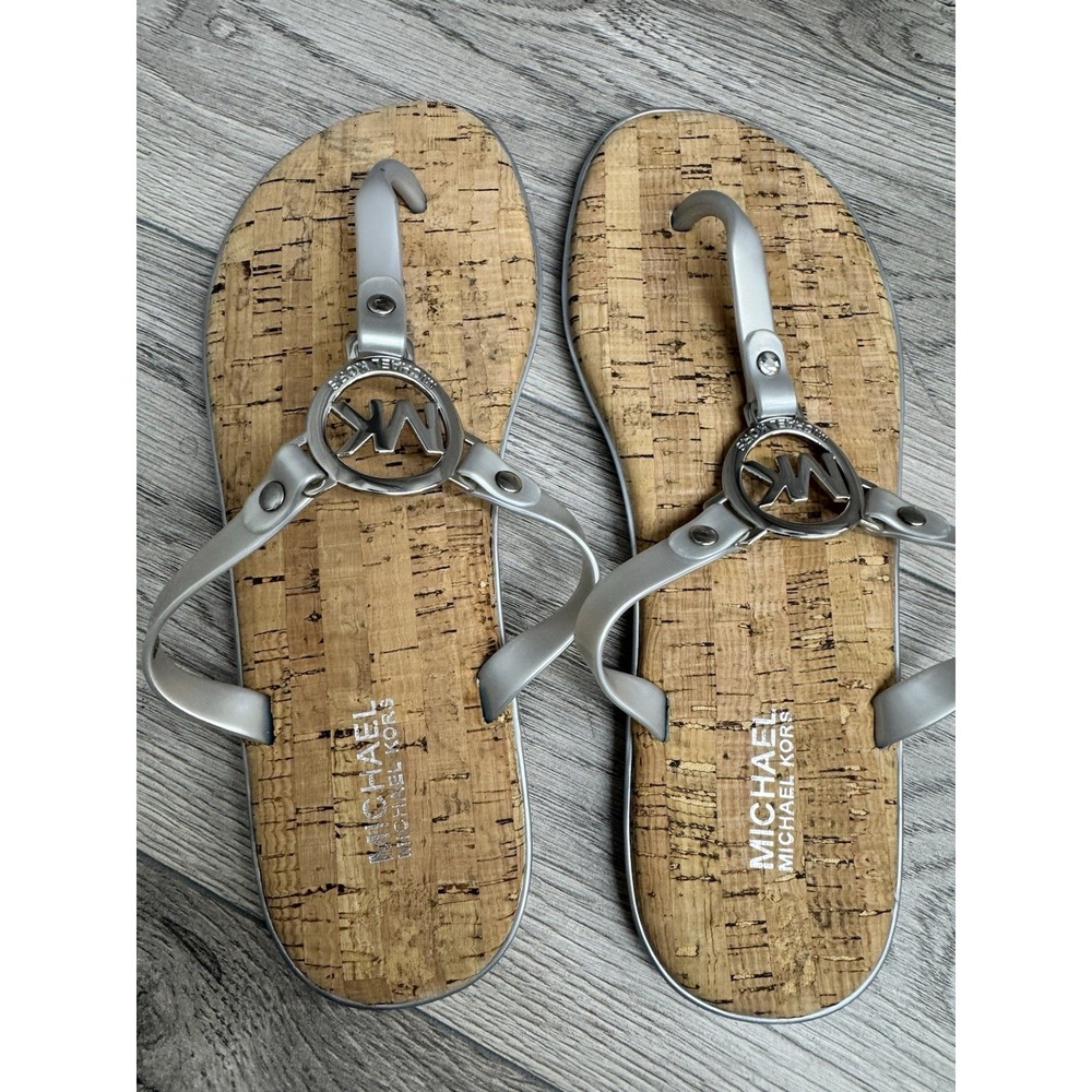 Michael Kors Silver  Cork 9 Thong Flat Sandals Women's LG18K